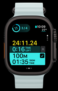 Apple Watch Ultra 2 顯示自訂體能訓(xùn)練中的間歇訓(xùn)練計(jì)時(shí)。