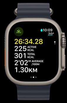 Apple Watch Ultra 2 顯示開(kāi)放水域游泳的時(shí)間、卡路里及配速指標(biāo)。