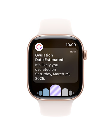 Apple Watch Series 10 配白色運(yùn)動(dòng)錶帶的正面圖，用戶(hù)介面顯示排卵和經(jīng)期記錄