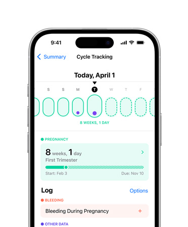 iPhone 16 的正面圖，用戶(hù)介面顯示健康 app 的經(jīng)期追蹤