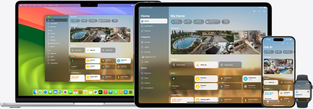 家居 app 用戶介面顯示在 Mac、iPad、iPhone 及 Apple Watch 上。