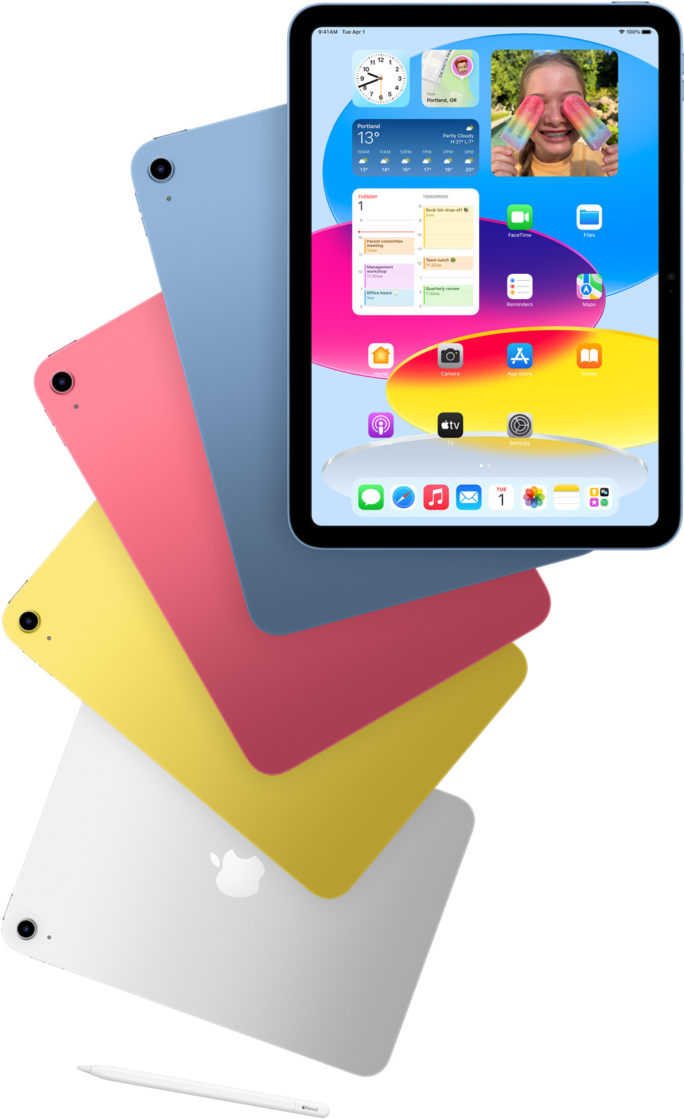 iPad 展示主畫面的正面圖，後方展示藍色、粉紅色、黃色和銀色 iPad 的機背。這幾款排列整齊的 iPad 旁邊放著 Apple Pencil。
