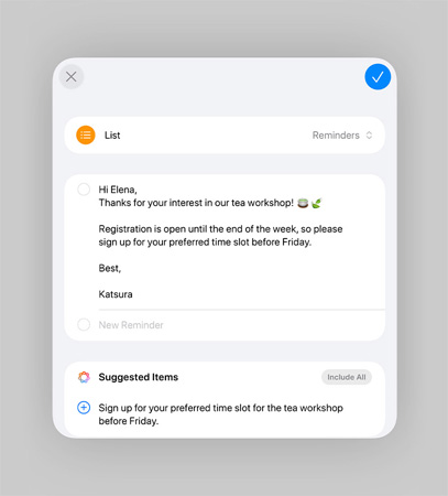 提醒事項(xiàng) app 的列表列出智能提醒事項(xiàng)和建議任務(wù)