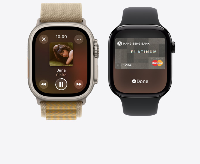 Apple Watch Ultra 2 及 Apple Watch Series 10 的正面，分別顯示正在播放音樂及以 Apple Pay 使用信用卡交易。