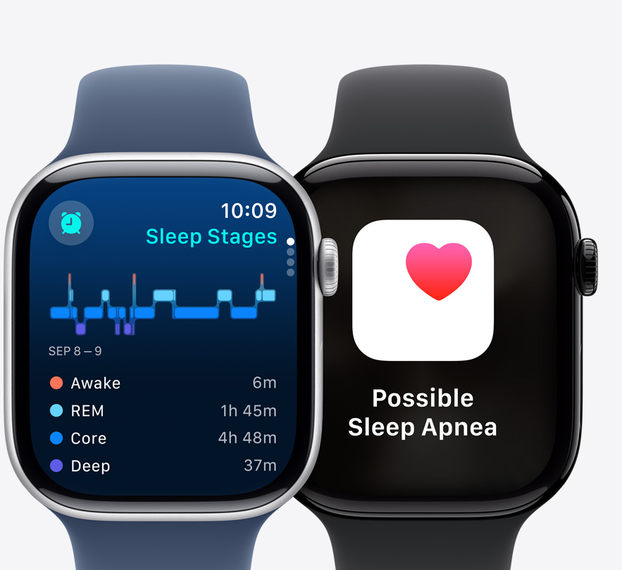 兩隻 Apple Watch Series 10 的正面，分別顯示睡眠階段畫面及「疑似睡眠窒息癥」通知。
