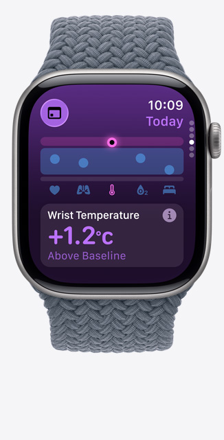 Apple?Watch Series?11，太空灰鋁金屬錶殼，展示維生指數(shù) app、健康評(píng)分圖表、手腕溫度高於基準(zhǔn)通知、右側(cè)設(shè)有數(shù)碼錶冠，配搭錨鐵藍(lán)色編織單圈手環(huán)