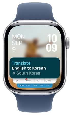Apple Watch 螢?zāi)伙@示智慧型疊放中的翻譯 app 小工具。