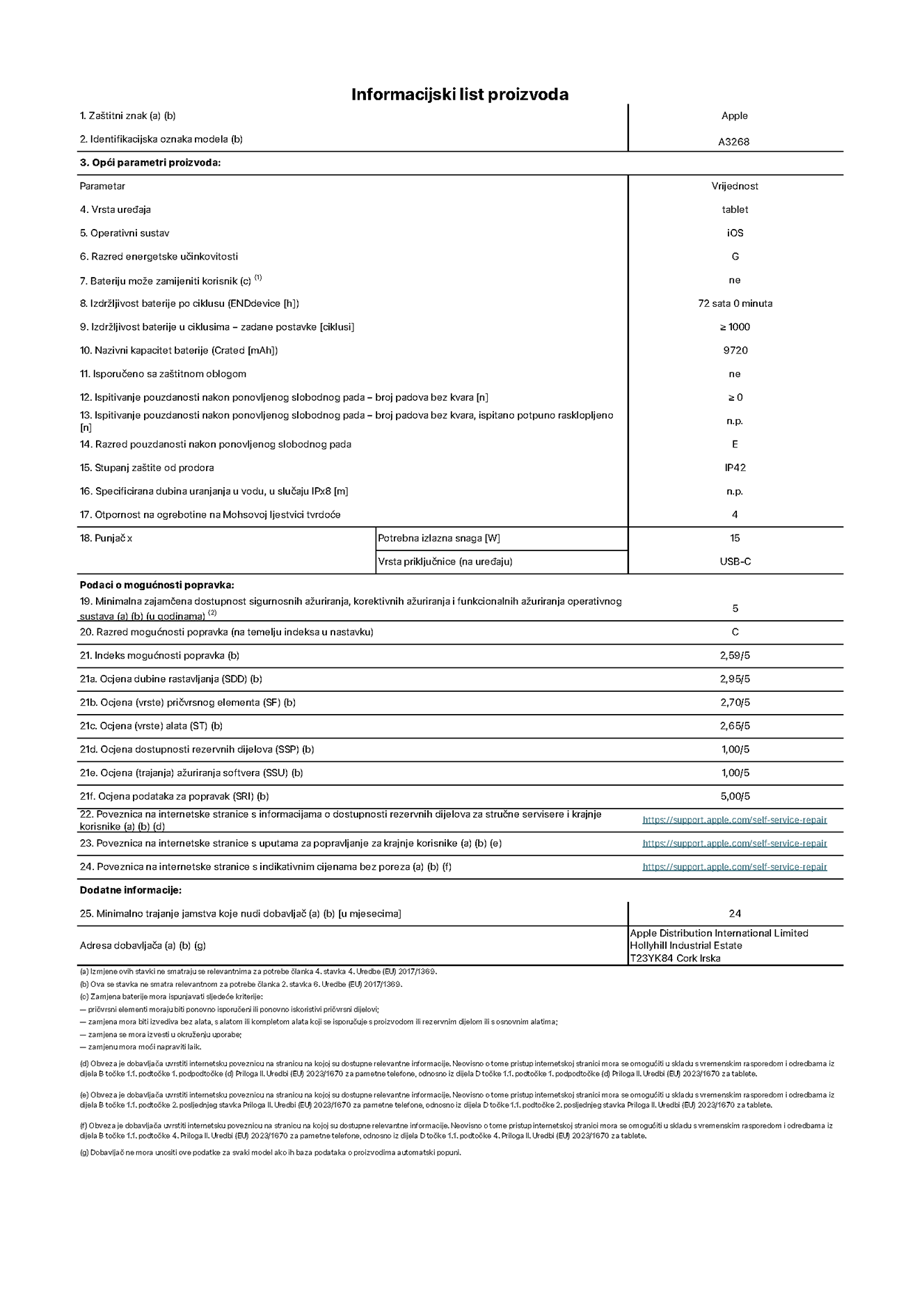 List s informacijama o proizvodu za 13-in?ni iPad Air Wi-Fi. Model A3268. Isporu?uje Apple UK Ltd, 100 New Bridge Street, London EC4V 6JA. Vrsta ure?aja: tablet. Operacijski sustav: iOS. Klasa energetske u?inkovitosti za standardni dinami?ki raspon: G. Trajanje baterije: 72 sata. Trajanje baterije u ciklusima: ≥ 1000. Nazivni kapacitet baterije: 9720?mAh. Test pouzdanosti ponavljanim slobodnim padovima - padovi bez kvarova: ≥ 0. Klasa pouzdanosti pri ponavljanim slobodnim padovima: E. Za?tita od prodiranja: IP42. Otpornost na grebanje zaslona na Mohsovoj ljestvici tvrdo?e: 4. Potrebna izlazna snaga punja?a: 15?W. Tip uti?nice punja?a: USB-C. Minimalna zajam?ena dostupnost sigurnosnih a?uriranja operacijskog sustava, korektivnih a?uriranja i a?uriranja funkcionalnosti: 5 godina. Klasa popravljivosti: C. Indeks popravljivosti: 2,59/5. Ocjena dubine rastavljanja: 2,95/5. Ocjena pri?vrsnih elemenata (tip): 2,70/5. Ocjena alata: 2,65/5. Ocjena rezervnih dijelova: 1,00/5. Ocjena a?uriranja softvera: 1,00/5. Ocjena a?uriranja softvera: 1,00/5. Ocjena informacija o popravcima: 5,00/5. Internetska poveznica prema informacijama o dostupnosti rezervnih dijelova za profesionalne servisere i krajnje korisnike: https://support.apple.com/self-service-repair. Internetska poveznica prema uputama za popravljanje za krajnje korisnike: https://support.apple.com/self-service-repair. Internetska poveznica prema indikativnim cijenama prije poreza: https://support.apple.com/self-service-repair. Ponu?eno je 24-mjese?no op?enito jamstvo.
