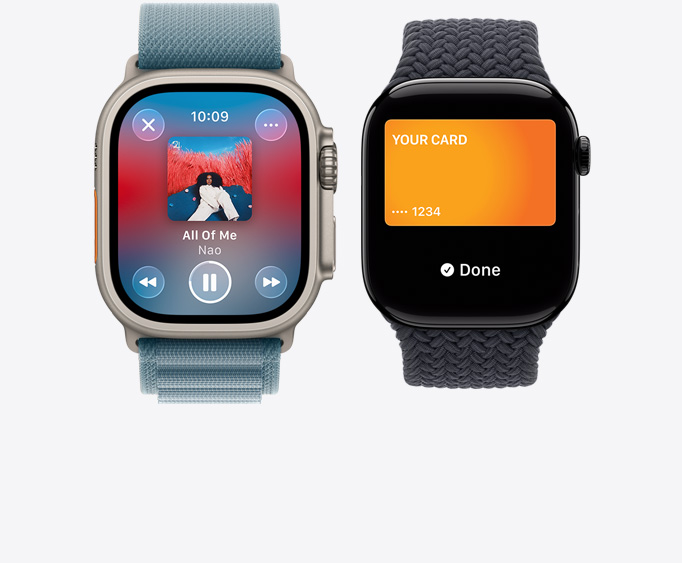 Apple Watch Ultra 3 natúr szín? titántokkal, Apple Music app, ?Lejátszás alatt” képerny?, Apple Watch Series 11 magasfény? kozmoszfekete alumíniumtokkal, Apple Pay képerny?, Apple Card