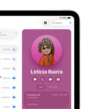 iPad, front right of screen showing a contact card in the Phone app open with options to Message, Call and more