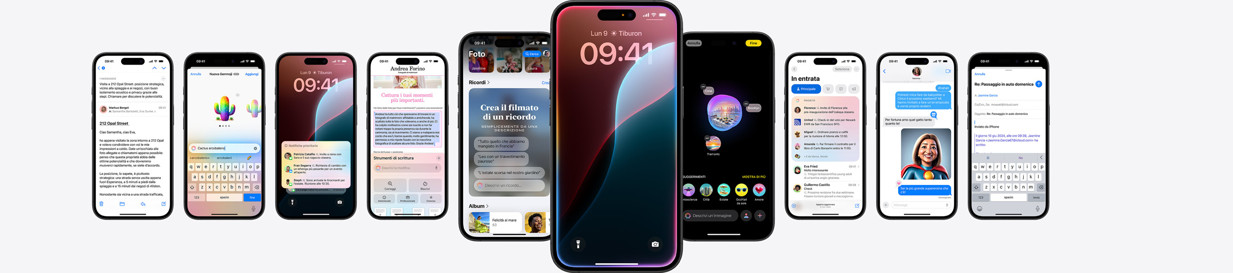 Vari iPhone che mostrano le funzioni di Apple Intelligence.