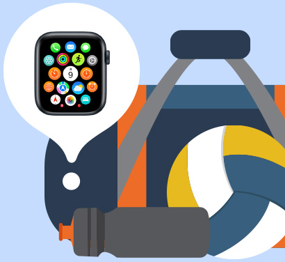 バッグのイラスト。Apple Watchが吹き出しの中に表示され、バッグの中のどこにあるかを示している