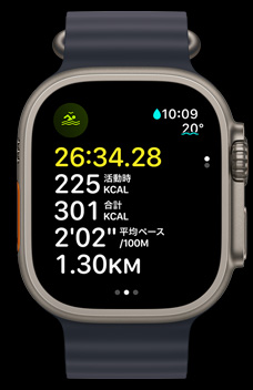 オープンウォータースイミングの時間、カロリー、ペースを表示しているApple Watch Ultra 2