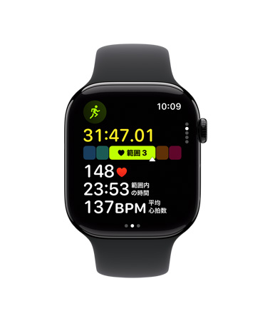 Apple Watch Series 10、ブラックスポーツバンド、前面、UIにワークアウト、ランニング（屋外）、心拍數(shù)範(fàn)囲が表示されている