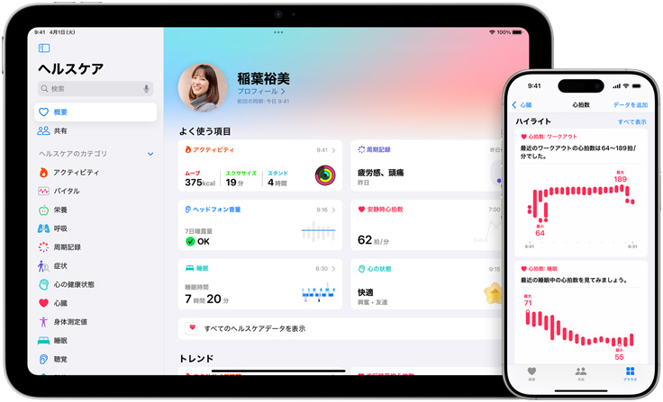 ヘルスケアアプリの「概要」と「よく使う項(xiàng)目」が表示されているディスプレイ。その橫のディスプレイには、ヘルスケアアプリの「心拍數(shù)」と「ハイライト」が表示されている