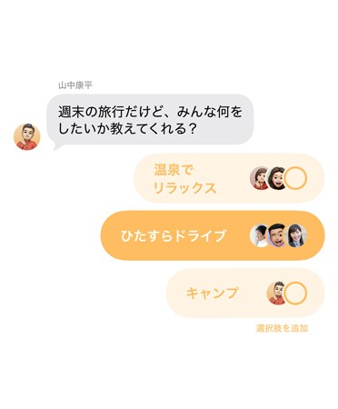 メッセージアプリの新しい投票機(jī)能のクローズアップ。グループチャットのメンバーが週末の旅行の目的地について投票している