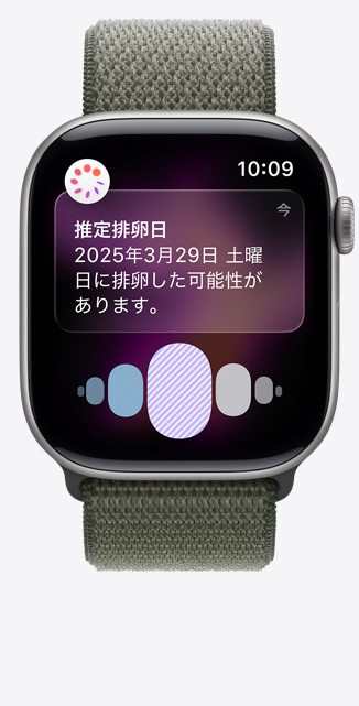 スペースグレイアルミニウムケースのApple Watch Series 11、ヘルスケアアプリの周期記録から推定される排卵日の通知が表示されている。Digital Crown、フォレストカラーのスポーツループ