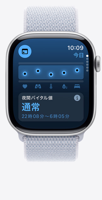Apple Watch Series 10上のバイタルアプリ畫面の前面。夜間の健康指標(biāo)が標(biāo)準(zhǔn)範(fàn)囲內(nèi)であることを示している