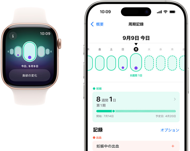 Apple Watchのスクリーンに「食欲の変化」という癥狀とともに妊娠記録が表示されている。妊娠期間と妊娠記録を示す周期記録アプリがiPhoneの畫面上に表示されている