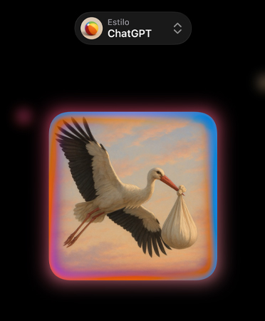 Pantalla de Image Playground con la imagen fotorrealista de una cigüe?a que lleva una bolsa en el pico, en la que se muestran opciones de estilos de imágenes personalizados de ChatGPT
