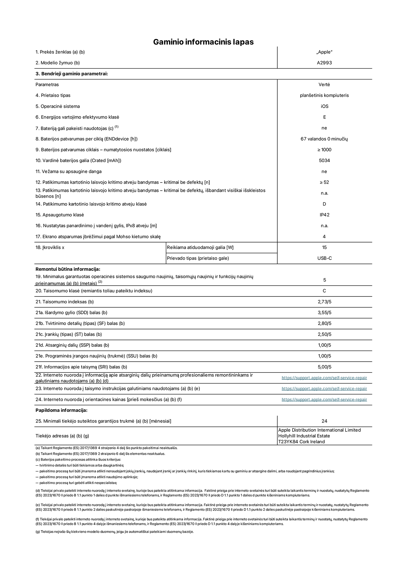 Gaminio informacinis lapas, ?iPad mini Wi-Fi“, modelis A2993. Pateik? ?Apple Distribution International Ltd“, ?Hollyhill Industrial Estate“. Korkas, Airija T23 YK84. Prietaiso tipas: plan?etinis kompiuteris. Operacin? sistema: ?iOS“. Energijos vartojimo efektyvumo klas?: E. Baterij? gali pakeisti naudotojas: ne. Baterijos patvarumas: 67 valandos. Baterijos patvarumas ciklais: didesnis arba lygus 1 000. Vardin? baterijos galia: 5 034 mAh. Patikimumo testas kartotinio laisvojo kritimo atveju – kritimai be defekt?: didesnis arba lygus 52. Patikimumo kartotinio laisvojo kritimo atveju klas?: D. Apsaugotumo klas?: IP42. Ekrano atsparumas ?br??imui pagal Mohso kietumo skal?: 4. ?kroviklio reikiama atiduodamoji galia: 15 W. ?kroviklio prievado tipas: USB-C. Minimalus garantuotas operacin?s sistemos saugumo naujini?, taisom?j? naujini? ir funkcij? naujini? prieinamumas: 5 metai. Taisomumo klas?: C. Taisomumo indeksas: 2,73/5. I?ardymo gylio balas: 3,55/5. Tvirtinimo detali? balas: 2,80/5. ?ranki? balas: 2,50/5. Atsargini? dali? balas: 1,00/5. Programin?s ?rangos naujini? balas: 1,00/5. Informacijos apie taisym? balas: 5,00/5. Interneto nuoroda ? informacij? apie atsargini? dali? prieinamum? profesionaliems remontininkams ir galutiniams naudotojams: https://support.apple.com/self-service-repair. Interneto nuoroda ? taisymo instrukcijas galutiniams naudotojams: https://support.apple.com/self-service-repair. Nuoroda ? orientacines kainas prie? mokes?ius: https://support.apple.com/self-service-repair. Siūloma 24 m?nesi? bendroji garantija.