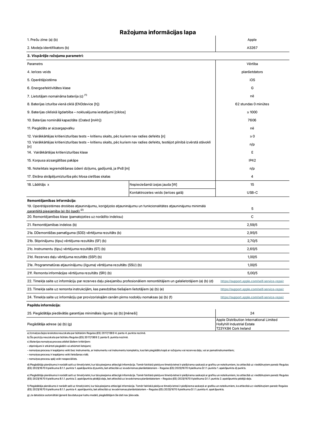 Produkta informācijas lapa – 11 collu iPad Air Wi-Fi + Cellular. Modelis A3267. Piegādātājs: Apple UK Ltd, 100 New Bridge Street, Londona EC4V 6JA. Ierīces veids: plan?etdators. Operētājsistēma: iOS. Energoefektivitātes klase standarta dinamiskajā diapazonā: G. Akumulatora izturība: 62?stundas. Akumulatora cikliskā izturība: ≥ 1000. Akumulatora nominālā kapacitāte: 7606 mAh. Vairākkārtējas kritienizturības tests – kritienu skaits, pēc kuriem nav radies defekts: ≥ 0. Vairākkārtējas kritienizturības klase: E. Korpusa aizsargātība: IP42. Ekrāna skrāpējumizturība pēc Mosa cietības skalas: 4. Lādētājam nepiecie?amā izejas jauda: 15 W. Lādētāja kontaktrozetes veids: USB-C. Operētājsistēmas dro?ības atjauninājumu, kori?ējo?o atjauninājumu un funkcionalitātes atjauninājumu minimālā garantētā pieejamība: 5 gadi. Remontējamības klase: C. Remontējamības indekss: 2,59/5. Demontā?as pamatīguma vērtējuma rezultāts: 2,95/5. Stiprinājumu (tipu) vērtējuma rezultāts: 2,70/5. Instrumentu vērtējuma rezultāts: 2,65/5. Rezerves da?u vērtējuma rezultāts: 1,00/5. Programmatūras atjauninājumu vērtējuma rezultāts: 1,00/5. Remonta informācijas vērtējuma rezultāts: 5,00/5. Tīmek?a saite uz informāciju par rezerves da?u pieejamību profesionāliem remontētājiem un galalietotājiem: https://support.apple.com/self-service-repair. Tīmek?a saite uz remonta instrukcijām, kas paredzētas galalietotājiem: https://support.apple.com/self-service-repair. Tīmek?a saite uz informāciju par provizoriskajām cenām pirms nodok?u nomaksas: https://support.apple.com/self-service-repair. Piedāvātās garantijas standarta ilgums: 24?mēne?i.