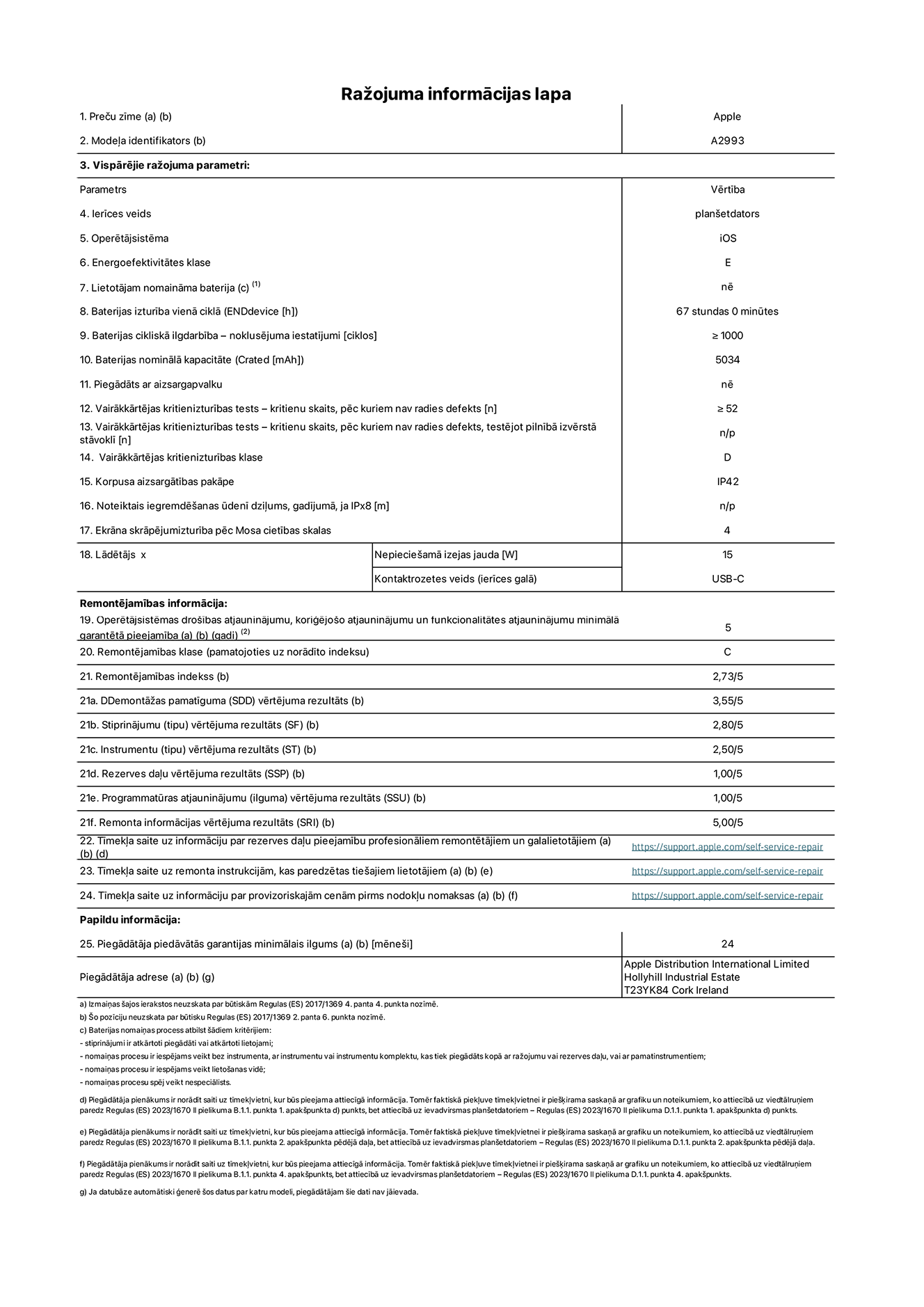 Produkta informācijas lapa – iPad mini Wi-Fi, modelis A2993. Piegādātājs: Apple Distribution International Ltd, Hollyhill Industrial Estate. Korka, īrija T23 YK84. Ierīces veids: plan?etdators. Operētājsistēma: iOS. Energoefektivitātes klase: E. Lietotāja pa?a spēkiem nomaināms akumulators: nē. Akumulatora izturība: 67 stundas. Akumulatora cikliskā izturība: lielāka par vai vienāda ar 1000. Akumulatora nominālā kapacitāte: 5034 mAh. Vairākkārtējas kritienizturības tests – kritienu skaits, pēc kuriem nav radies defekts: lielāks par vai vienāds ar 52. Vairākkārtējas kritienizturības klase: D. Korpusa aizsargātības pakāpe: IP42. Ekrāna skrāpējumizturība pēc Mosa cietības skalas: 4. Lādētājam nepiecie?amā izejas jauda: 15 W. Lādētāja kontaktrozetes veids: USB-C. Operētājsistēmas dro?ības atjauninājumu, kori?ējo?o atjauninājumu un funkcionalitātes atjauninājumu minimālā garantētā pieejamība: 5 gadi. Remontējamības klase: C. Remontējamības indekss: 2,73/5. Demontā?as pamatīguma vērtējuma rezultāts: 3,55/5. Stiprinājumu vērtējuma rezultāts: 2,80/5. Instrumentu vērtējuma rezultāts: 2,50/5. Rezerves da?u vērtējuma rezultāts: 1,00/5. Programmatūras atjauninājumu vērtējuma rezultāts: 1,00/5. Remonta informācijas vērtējuma rezultāts: 5,00/5. Tīmek?a saite uz informāciju par rezerves da?u pieejamību profesionāliem remontētājiem un galalietotājiem: https://support.apple.com/self-service-repair. Tīmek?a saite uz remonta instrukcijām, kas paredzētas galalietotājiem: https://support.apple.com/self-service-repair. Tīmek?a saite uz informāciju par provizoriskajām cenām pirms nodok?u nomaksas: https://support.apple.com/self-service-repair. Piedāvātās garantijas standarta ilgums: 24?mēne?i.