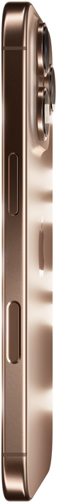 Side view of iPhone 16 Pro in Desert Titanium finish, Apple logo in center, raised Pro camera system, Side button, Camera Control button