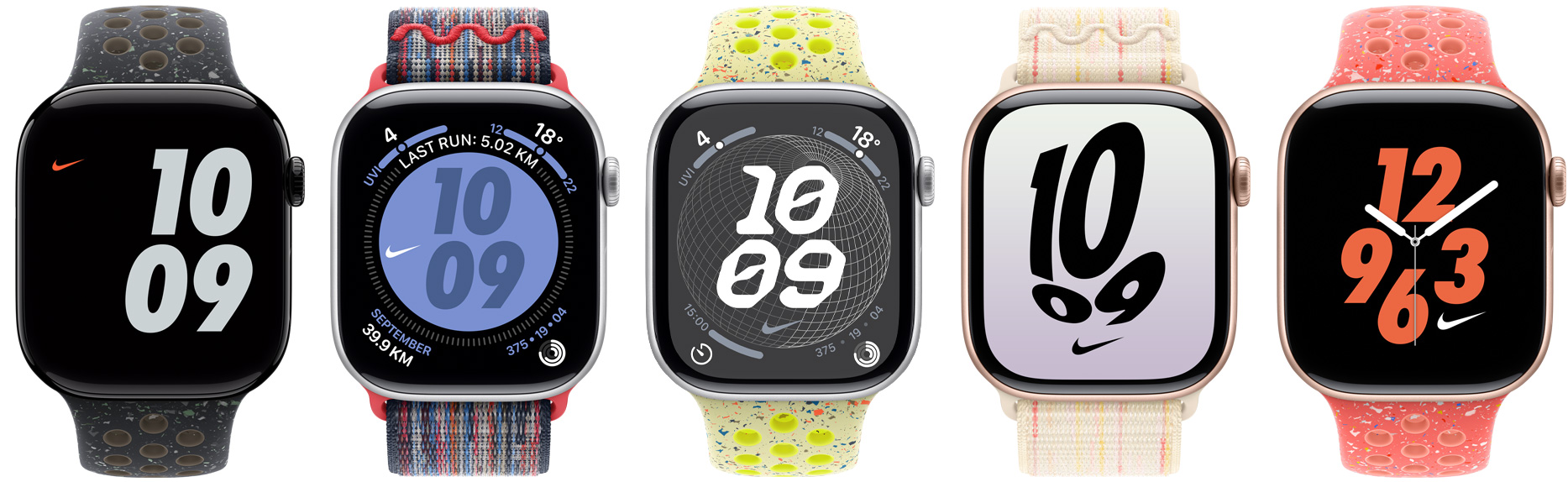 五款配上 Nike 運(yùn)動(dòng)錶帶及 Nike 運(yùn)動(dòng)手環(huán)的 Apple Watch 裝置，展示不同顏色的 Nike 錶面