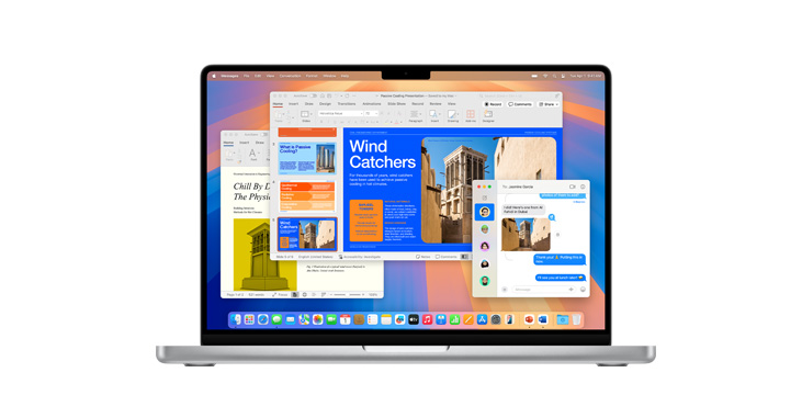 在 MacBook Pro M4 展示 Microsoft PowerPoint 和訊息等 app。