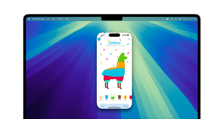 MacBook Pro M4 螢?zāi)簧险故?iPhone 鏡像輸出功能和 Waterllama app。
