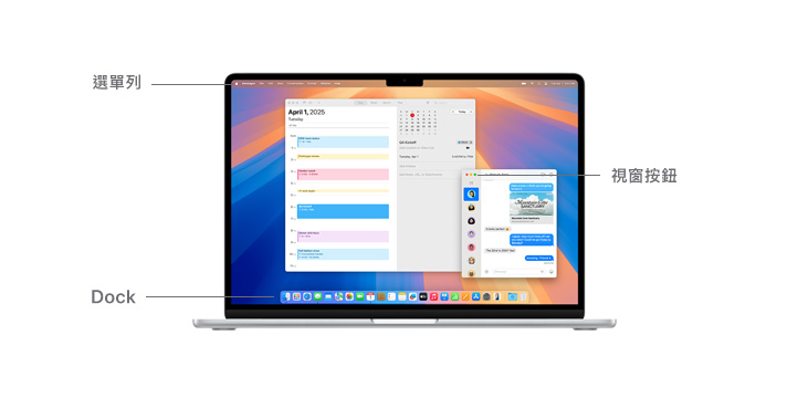 macOS 的介面導(dǎo)覽，展示 MacBook 裝置顯示螢?zāi)簧戏降倪x單列，以及視窗按鈕和 Dock。