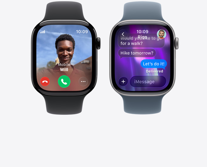 Apple?Watch Series?11 裝置，展示來電、聯(lián)絡(luò)人相片、接聽與拒接來電按鈕、iMessage?對(duì)話