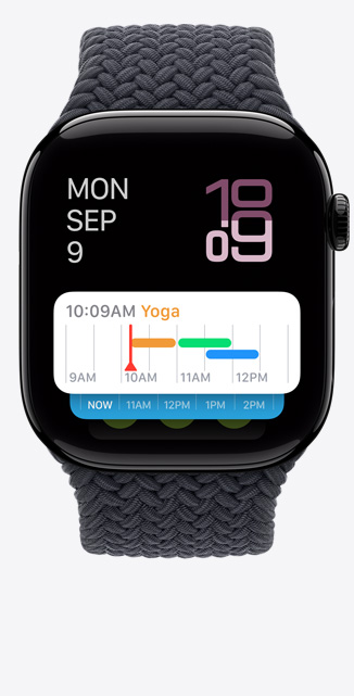 Apple Watch Series 10 的正面，智慧型疊放畫面顯示天氣小工具。