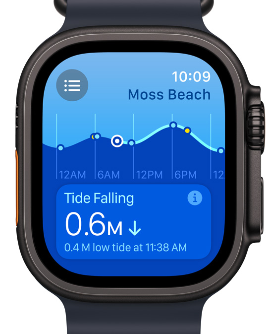 Apple Watch Ultra 螢?zāi)伙@示全新潮汐 app。