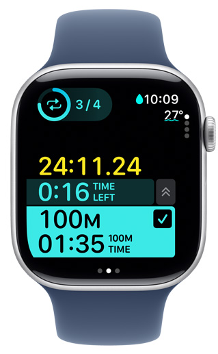 Apple Watch 螢?zāi)伙@示自訂泳池游泳體能訓(xùn)練的計時資料