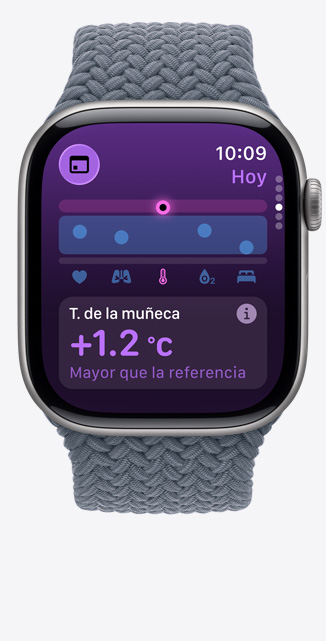 Apple Watch Series 11, caja de aluminio gris espacial, app Signos Vitales, gráfica con puntuaciones de salud, temperatura de la mu?eca superior al valor basal, parte lateral derecha, Digital Crown, correa uniloop trenzada azul ancla
