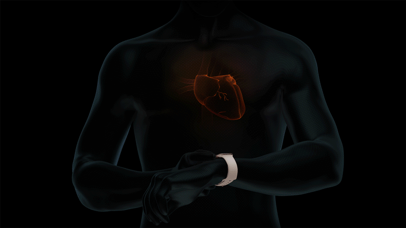 Animación que muestra el funcionamiento de una lectura de ECG en el Apple Watch. 