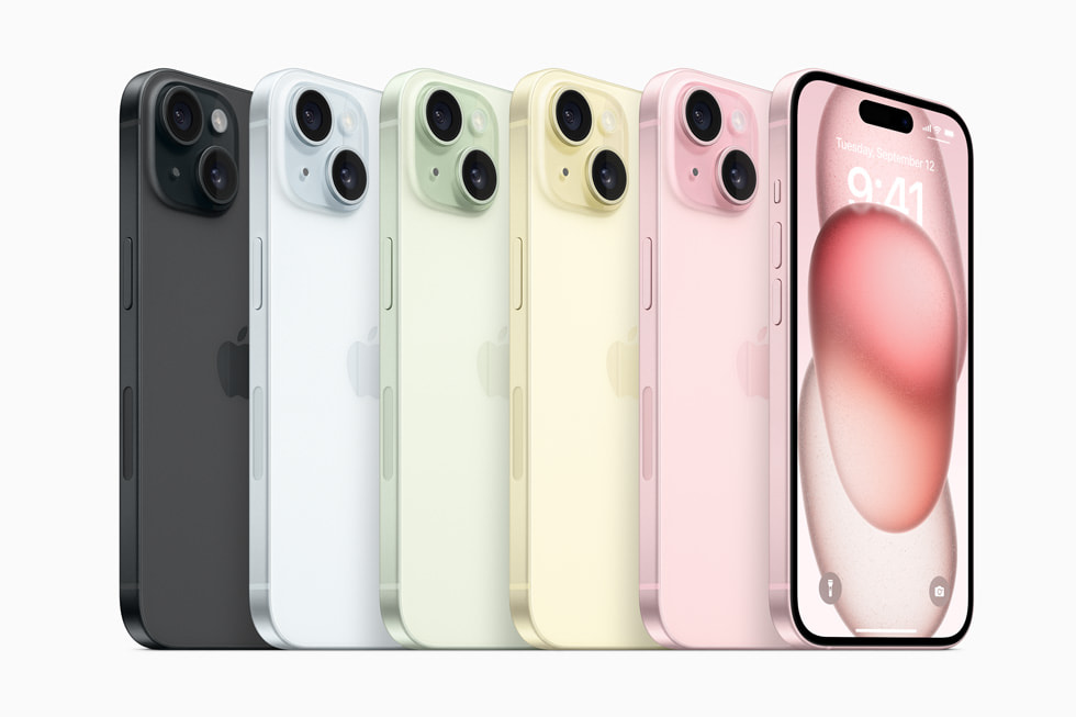 Barisan perangkat iPhone 15 menampilkan warna baru dalam jajaran ini: hitam, biru, hijau, kuning, dan pink.