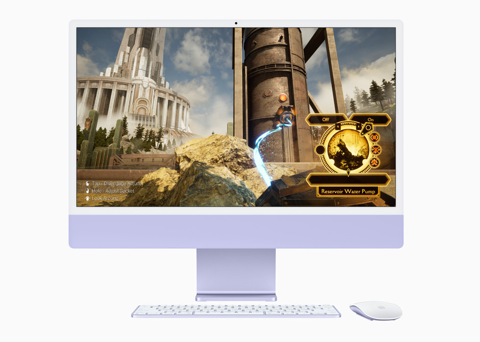 Game Firmament ditampilkan di iMac baru dengan M3 berwarna ungu dengan papan ketik dan tetikus berwarna senada.