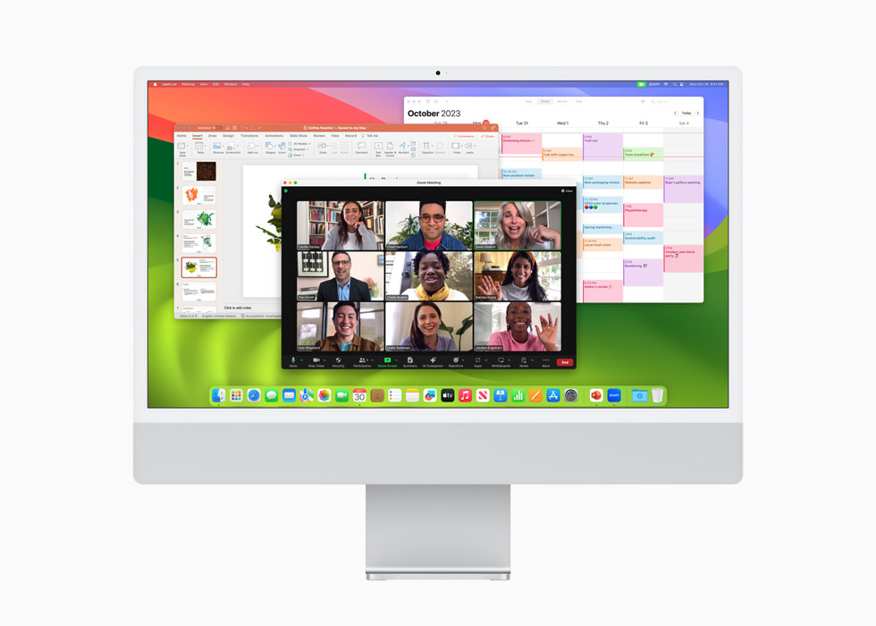 Microsoft PowerPoint, Zoom, dan Kalender ditampilkan di iMac dengan M3 baru berwarna perak sebagai bagian dari macOS Sonoma.