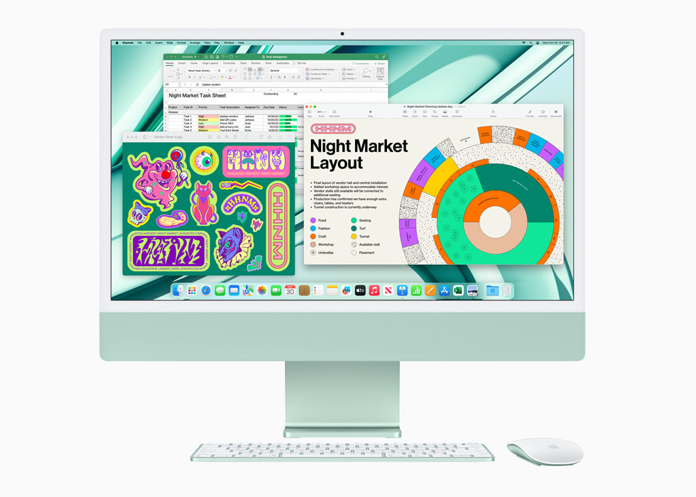 Pratinjau, Microsoft Excel, dan Keynote ditampilkan pada iMac baru dengan M3 berwarna hijau dengan papan ketik dan tetikus berwarna senada.