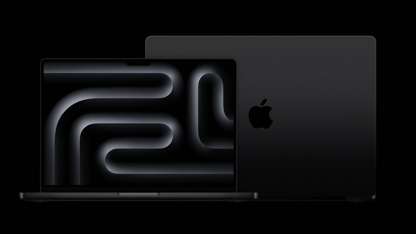 Dua perangkat MacBook Pro ditampilkan dengan latar belakang hitam, satu perangkat menghadap ke depan dan satu lagi menghadap ke belakang.