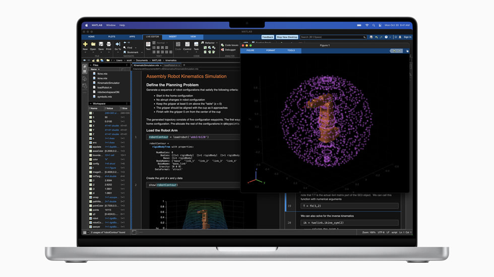 MacBook Pro baru dengan M3 Max menampilkan alur kerja MathWorks MATLAB.
