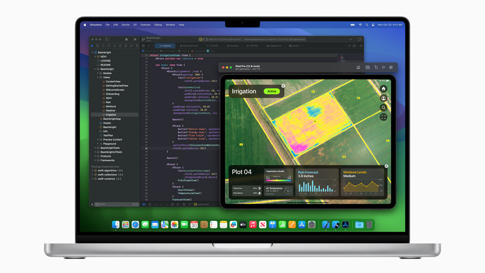 MacBook Pro baru dengan M3 menampilkan alur kerja Xcode.