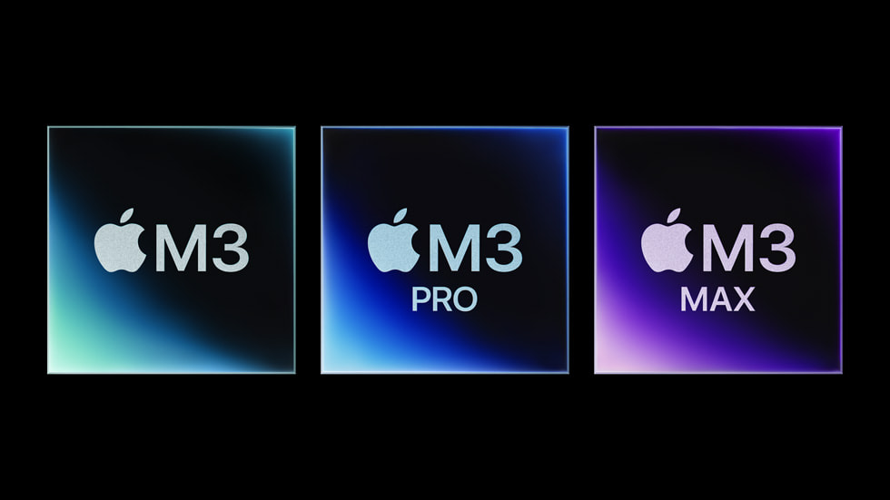 Grafis dengan tiga kotak yang merepresentasikan chip M3, M3 Pro, dan M3 Max.