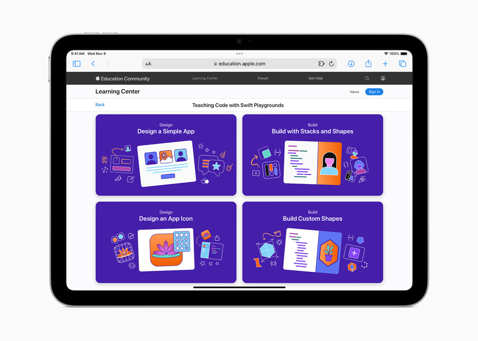 Empat Proyek Semua Orang Bisa Membuat Kode Pemrograman — Merancang Aplikasi Sederhana, Membangun dengan Tumpukan dan Bentuk, Merancang Ikon Aplikasi, dan Membangun Bentuk Khusus — ditampilkan di iPad.