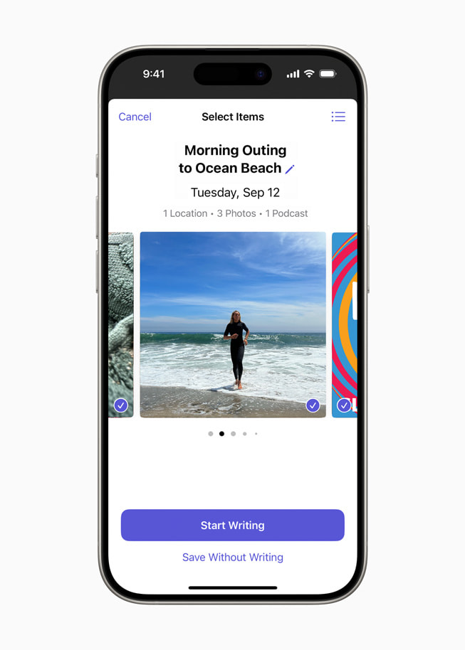 An iPhone 15 Pro shows the Journal app interface, prompting the user, “Select a Moment & Write.”