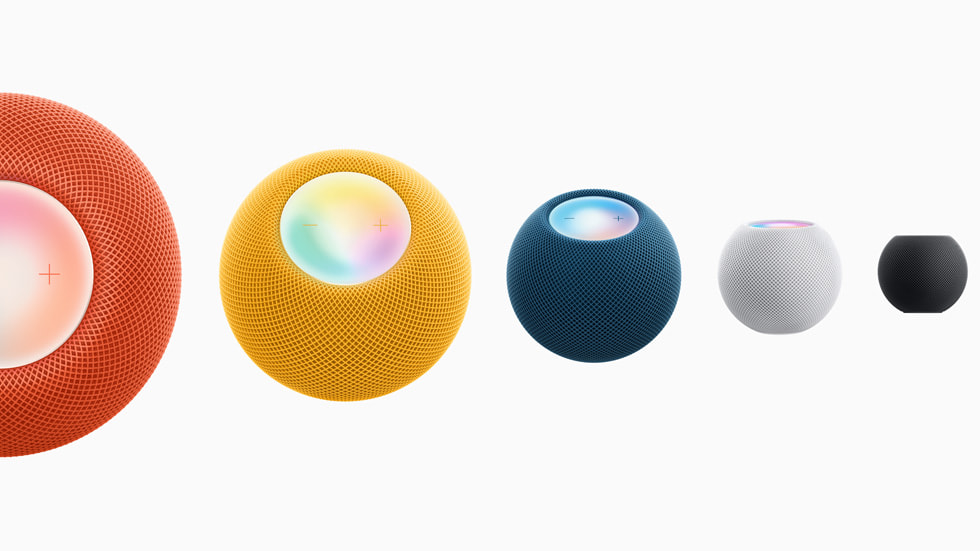 Turuncu, sar?, mavi, uzay grisi ve beyaz renk se?enekleriyle HomePod mini serisi g?steriliyor.