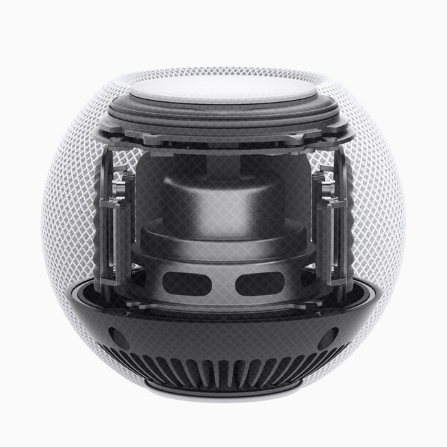 HomePod mini’nin i?indeki ?zel donan?m, beyaz arka plan üzerinde g?steriliyor.